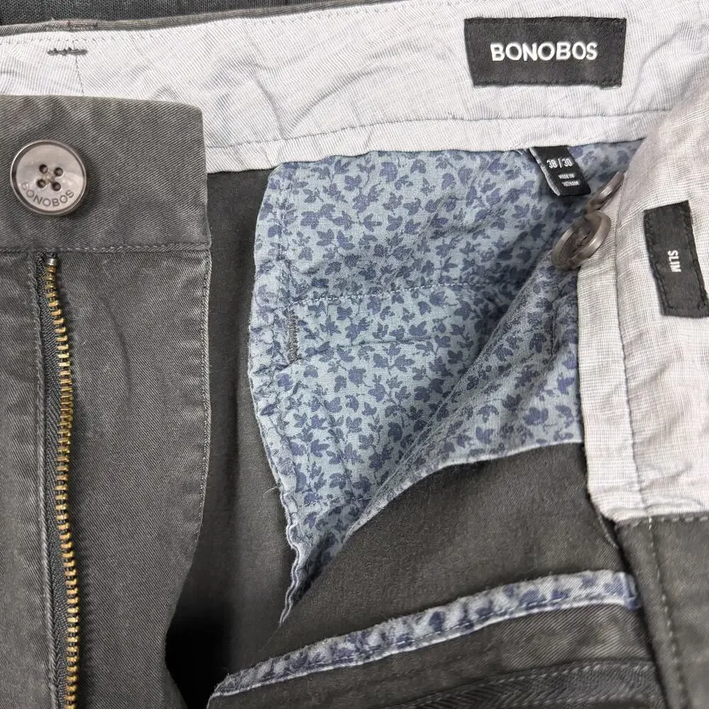 Bonobos Stretch Chinos Mens 38x30 Washed Gray Khaki Cotton Slim Fit Pants Work